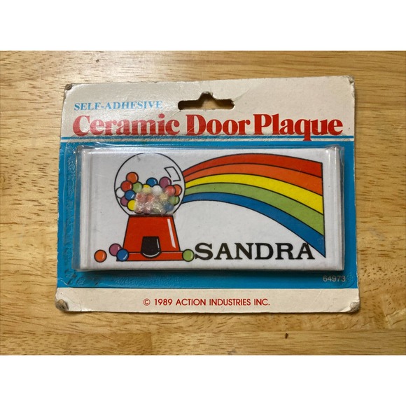 VTG Retro Dead Stock SANDRA With Gumball Rainbow Ceramic Name Sign Wall Plaque - Picture 1 of 12